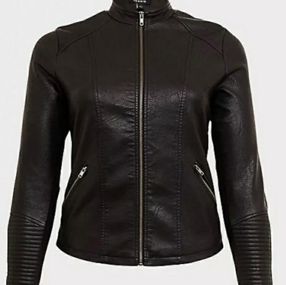 BLACK FAUX LEATHER & RIB MOTO JACKET